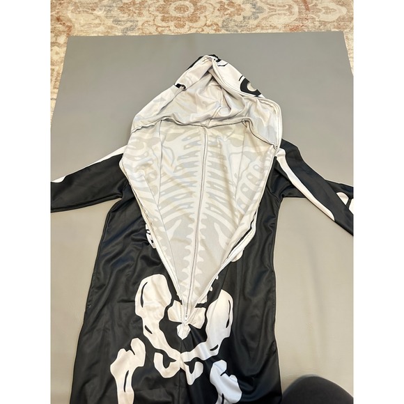 Skeleton Print Onesie Costume Hooded Jumpsuit Black‎ White Halloween - Picture 3 of 5